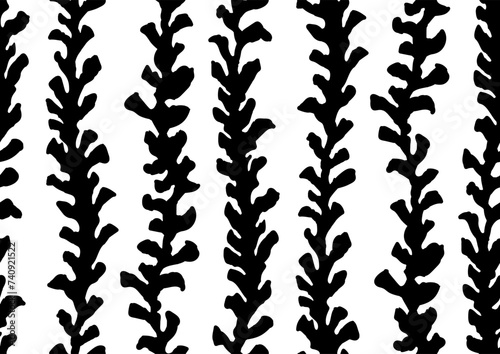 halfdrop pattern with seaweed strips abstract floral design elements. Trendy graphical repeat in black and white colors. Seamless texture in hipster style for beach swimsuit, female active wear, print