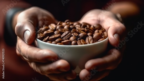 Woman's hands hold a cup with fragrant coffee beans.Fresh natural coffee.