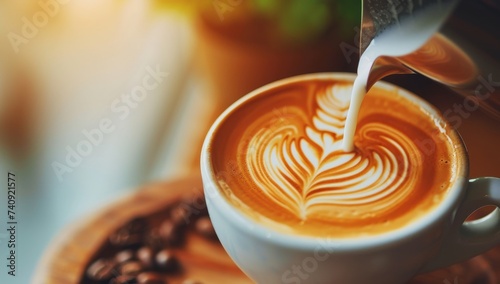 Barista skillfully creating latte art on coffee