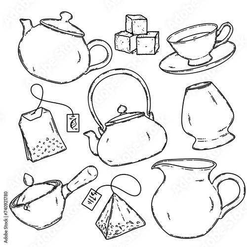 Japanese traditional tea ceremony icons set. Green matcha teapot, tea bag, sugar, cup vector illustration. Matcha tea