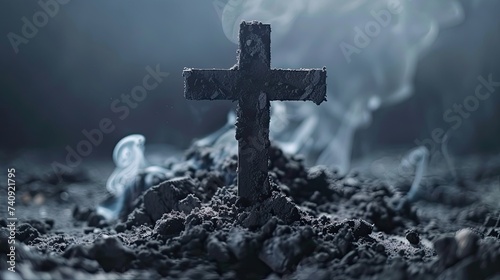 Christian cross embedded in ashes with smoke background in dark night
