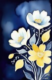 Yellow and white flowers on a dark blue background with space for text. Daffodils and daisies. Postcard. Illustration, watercolor