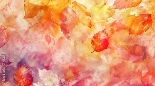 Beautiful abstract watercolor background with leaves in warm colors