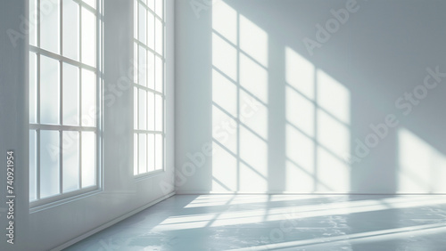 Natural light window  blurred shadow overlay on minimal room wall paper texture and floor  background