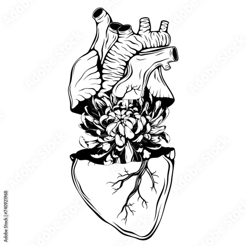 Doodle background with realistic human heart, flowers for Valentine greeting card, wedding. Romantic sign, nature love concept. Line art, print, tattoo sketch