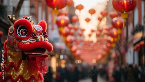Chinese New Year Lion Dance in Chinatown of Beijing, China. Chinese New Year is the year of the dog.