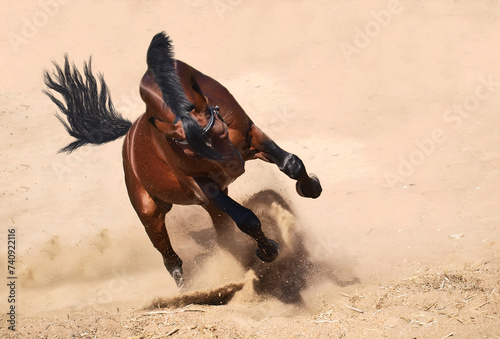 running speedly bay breed stallion at desert sands.