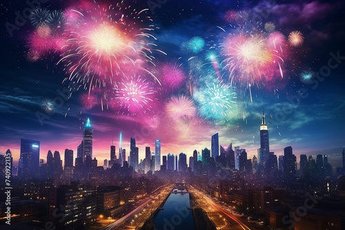 Holiday fireworks above city. Gorgeous colorful view
