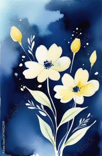 Yellow and white flowers on a dark blue background with space for text. Daffodils and daisies. Postcard. Illustration  watercolor