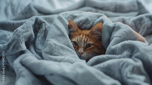 A fluffy ginger cat covered by a blanket . 