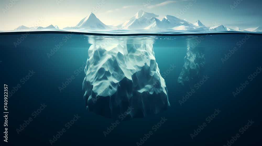 The iceberg is above the water and partially hidden under the water The iceberg is above the water and partially hidden under the water