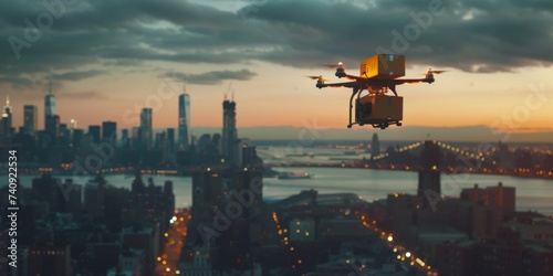 Smart package Drone Delivery urban planning drone. Box shipping green mobility parcel urbanization impact transportation. Logistic tech accuracy in drone logistic mobility iot photo