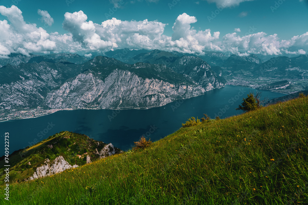 Panoramic view from Monte Baldo of the old town of Riva del Garda, Torbole, Limone Sul Garda and Lake Garda in Italy.