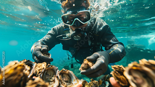 Diver harvesting oysters in a clear blue underwater scene, sustainable seafood farming, showcasing the source of fresh oysters photo