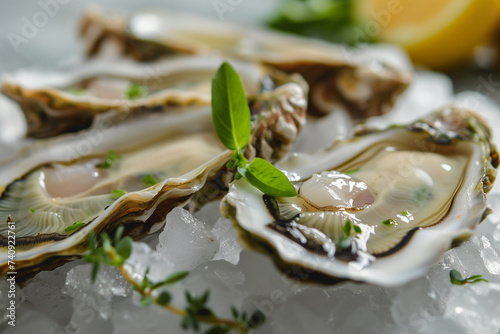 Close-up of fresh oysters on half shell over ice, garnished with lemon and herbs, culinary elegance and freshness, high-resolution