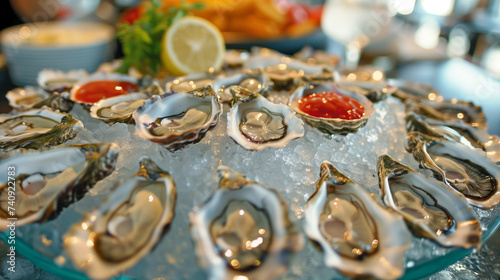 Oyster tasting event, variety of oysters displayed on a bed of ice, elegant and gourmet, social and culinary celebration of Oyster Day