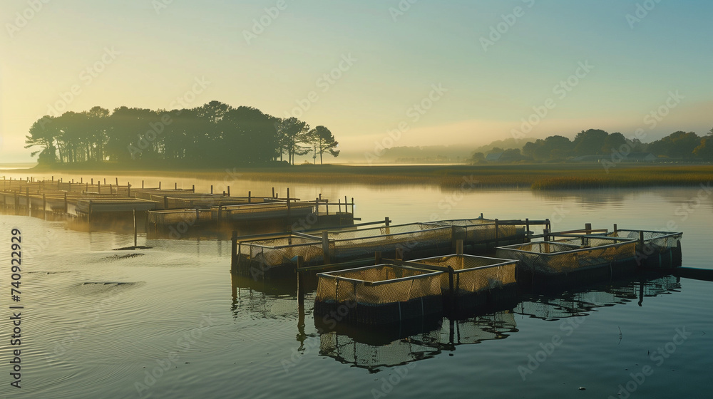 Oyster farming at a coastal bay, serene morning light, showcasing the source and sustainability on Oyster Day