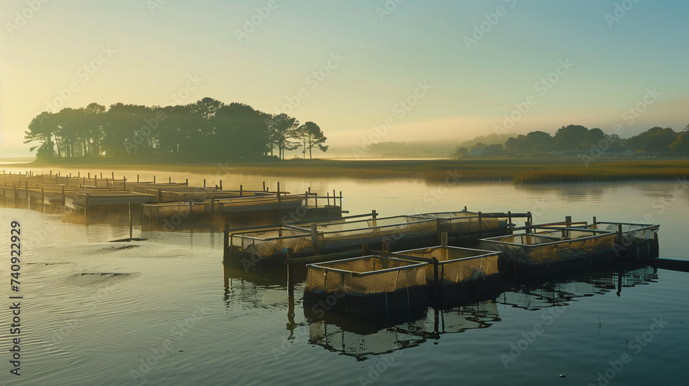 Fototapeta premium Oyster farming at a coastal bay, serene morning light, showcasing the source and sustainability on Oyster Day