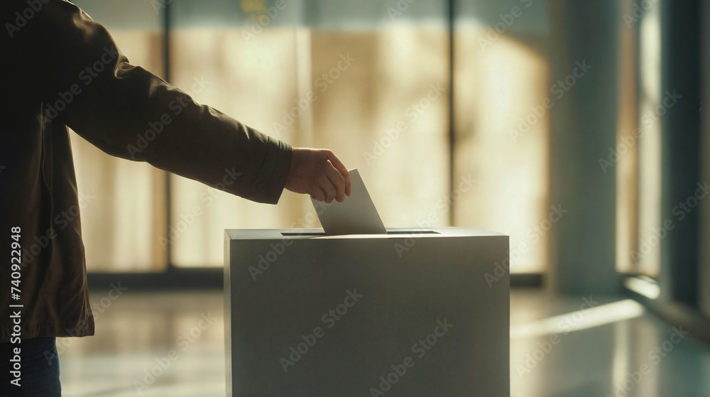 Citizen Participating in Democracy by Casting a Vote at a Ballot Box, Highlighting the Importance of Voting.  - obrazy, fototapety, plakaty 