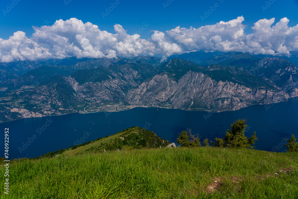 Fototapeta premium Panoramic view from Monte Baldo of the old town of Limone Sul Garda and Lake Garda in Italy.