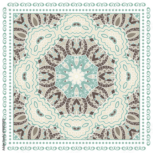 Decorative doodle ornament, symmetric pattern with lace frame. Tribal ethnic mandala decor. Bandana shawl, hijab, tablecloth fabric print, silk neck scarf, kerchief design. Colorful vector background