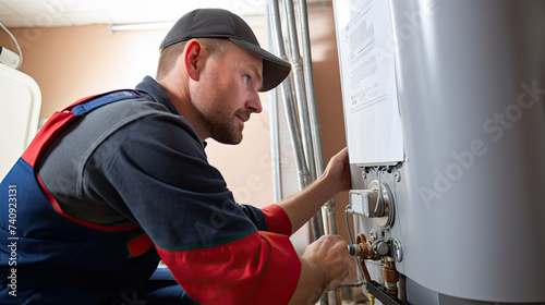 Plumber installing water heater at home background photo