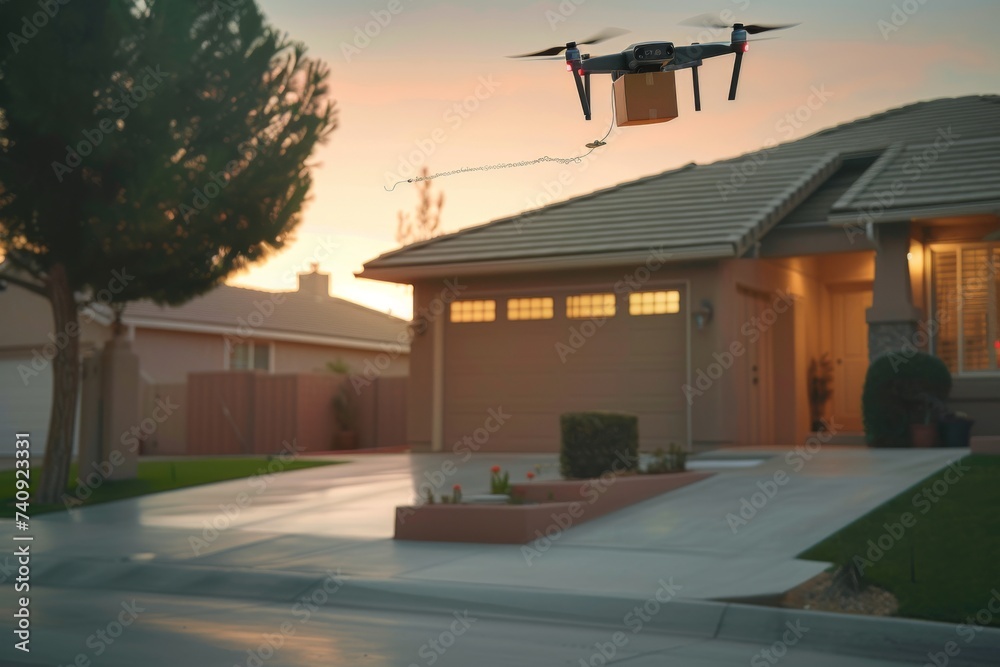 Smart package Drone Delivery last mile delivery. Box shipping carbon