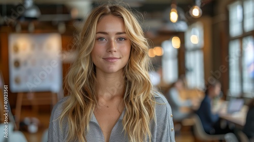 A stunning blonde woman is seen standing confidently in a bustling restaurant