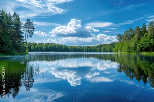 A stunning view of a large lake nestled amidst a dense forest, Heart-shaped clouds reflecting in a serene lake, AI Generated