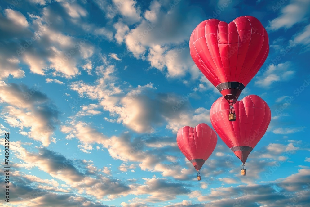 Fototapeta premium Three brightly colored hot air balloons with different patterns float gracefully in the sky, Heart-shaped hot air balloons floating in the sky, AI Generated