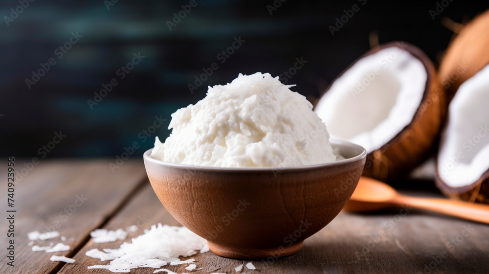 coconut cream on a dark background. coconut oil and a coconut. coconut cream on a dark background. coconut oil and a coconut.
