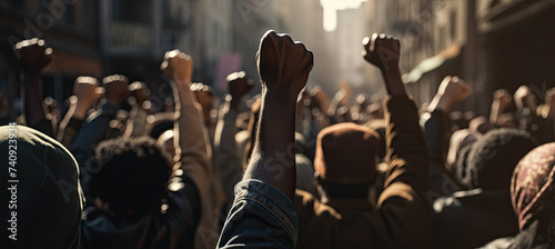 Raised fist of african american man in large angry protest riot crowd of people