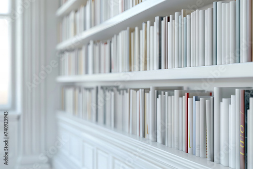 Serene Library Nook: A Banner Display of White Bound Literature on Shelves Awaits Readers