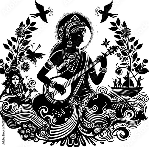 Basant Panchami Saraswati Mata Vector silhouette