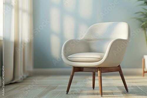 Minimalist Comfortable Modern Chair in Sunlit Room with Blue Background Banner