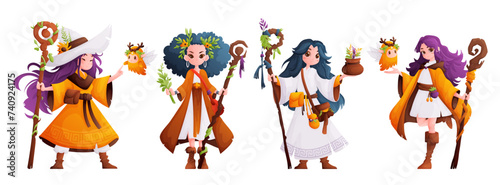 A set of four girls, guardians of the forest. Woman druid, herbalist or healer with a wooden staff. Forest keeper and curious woodland spirit. vector illustration