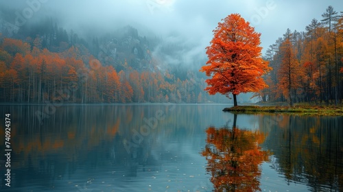 Fall foliage colors reflected in still lake water on a beautiful autumn