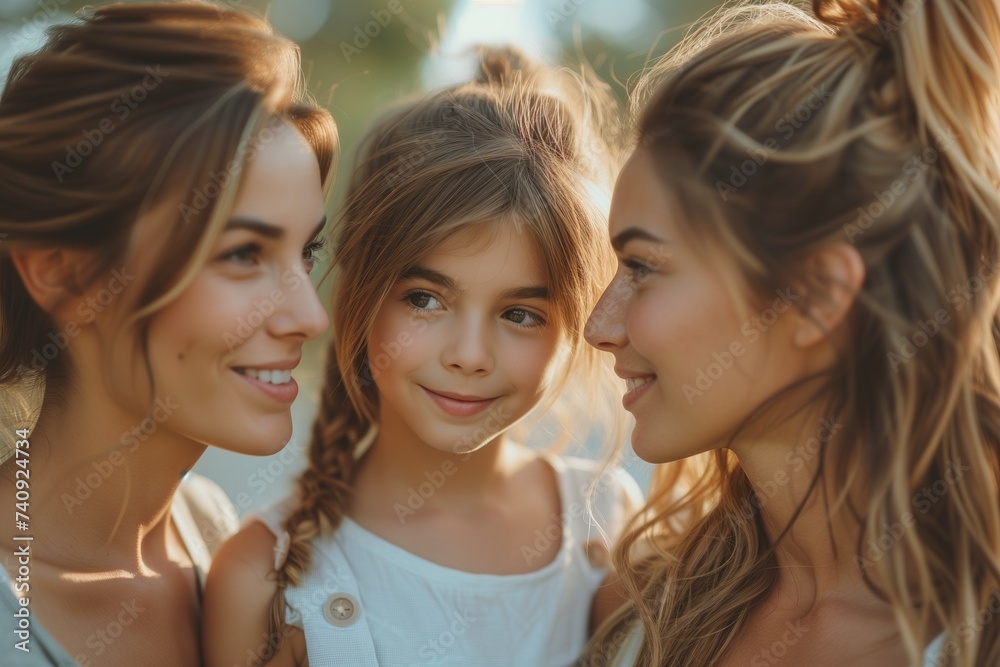 Portrait of a lesbian couple with their daughter, looking at each other with affection and love. Concept of family diversity. Portrait of a lesbian couple with their daughter, looking at each other with affection and love. Concept of family diversity.
