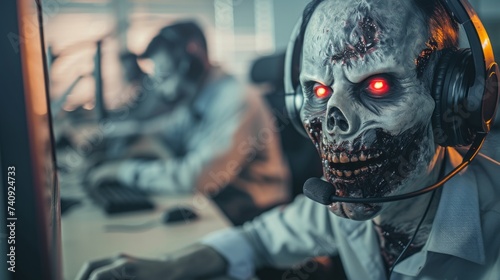 Zombie call center. Customer support after exhausting work photo