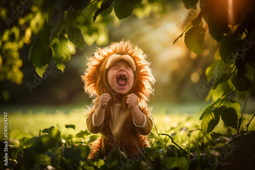 Child dressed as majestic lion is roaring playfully in a lush green field, sunlight filtering through the leaves and casting dramatic shadows