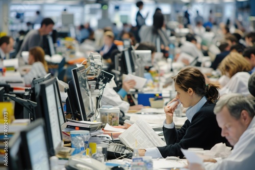 A group of individuals diligently working at desks in an office, focused on their computer screens, Hectic scene in a newsroom, covering a big business story, AI Generated photo