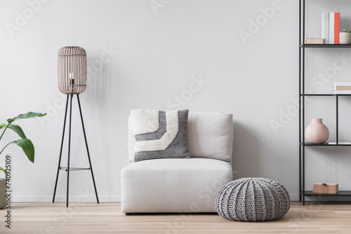 View of modern scandinavian style interior with sofa, lamp and bookcase, Home staging and minimalism concept photo