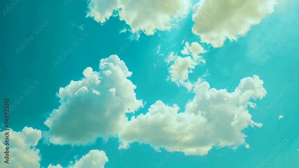 Animation of clouds moving slowly across a clear blue colored sky.