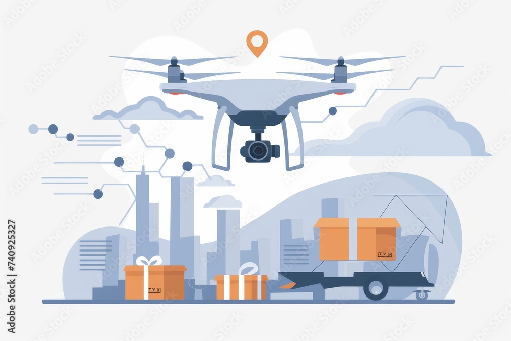 Smart package Drone Delivery multimodal freight. Box shipping parcel weight parcel smart gardening transportation. Logistic tech prescription delivery drone mobility durable box