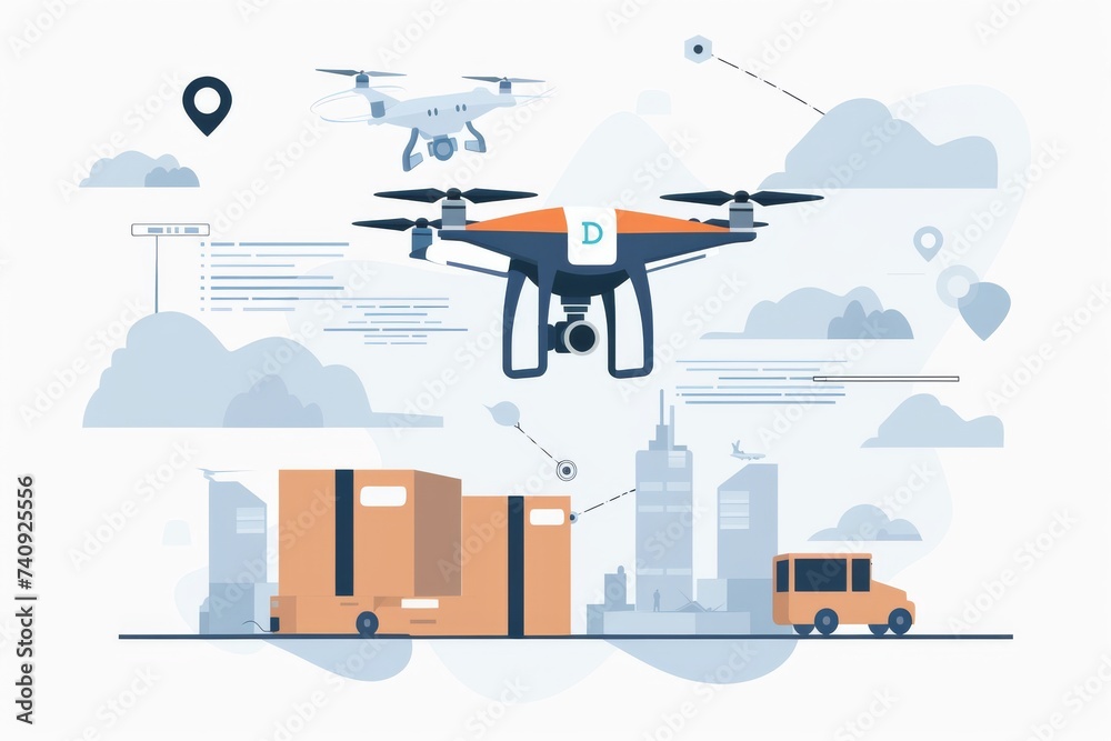 Smart package Drone Delivery drone transport logistic. Box shipping urban life parcel home automation transportation. Logistic tech liquid freight mobility door to door mobility