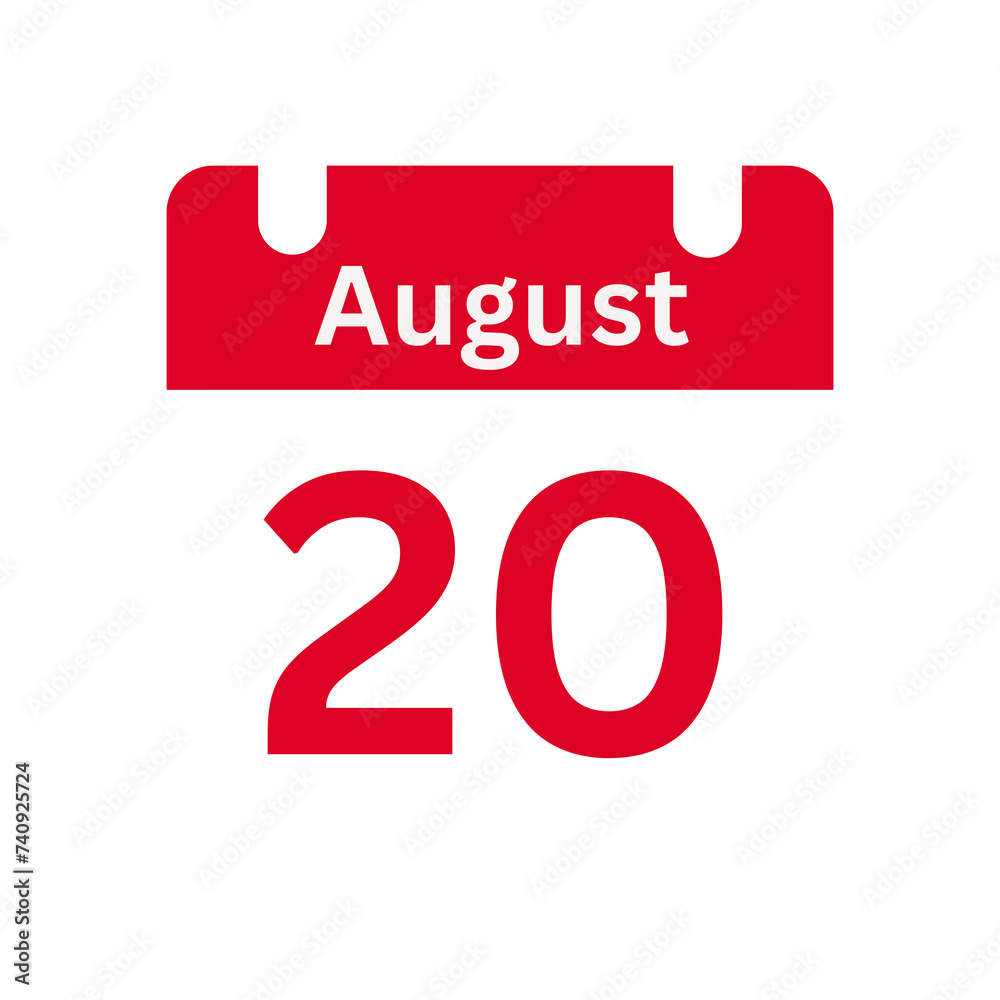 August 20 Calendar Day or Calendar Date for Deadlines / Appointment On a clear transparent background