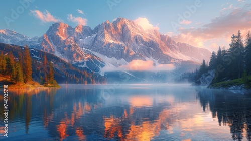 Calm morning view of Fusine lake. Colorful summer sunrise in Julian Alps with Mangart peak on background © SULAIMAN