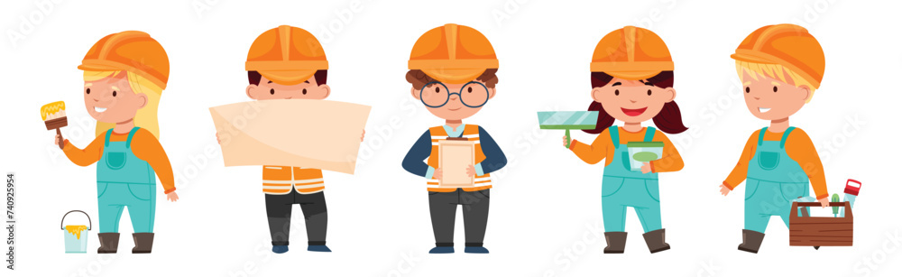 Kids Builder Character Wearing Uniform and Hardhat with Professional Tool Vector Set Kids Builder Character Wearing Uniform and Hardhat with Professional Tool Vector Set