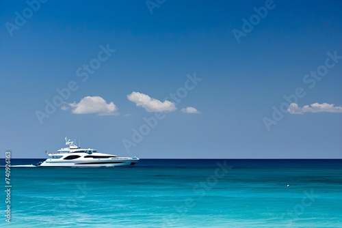 A stunning luxury white yacht sails across the image with blue sea and sky.