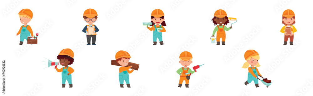 Kids Builder Character Wearing Uniform and Hardhat with Professional Tool Vector Set Kids Builder Character Wearing Uniform and Hardhat with Professional Tool Vector Set